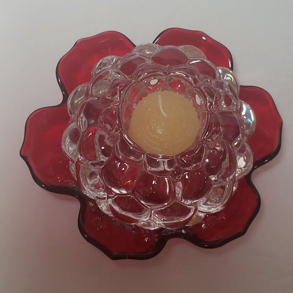Liz Claiborne Glass Red Floral Raspberry Crystal Candle Holder